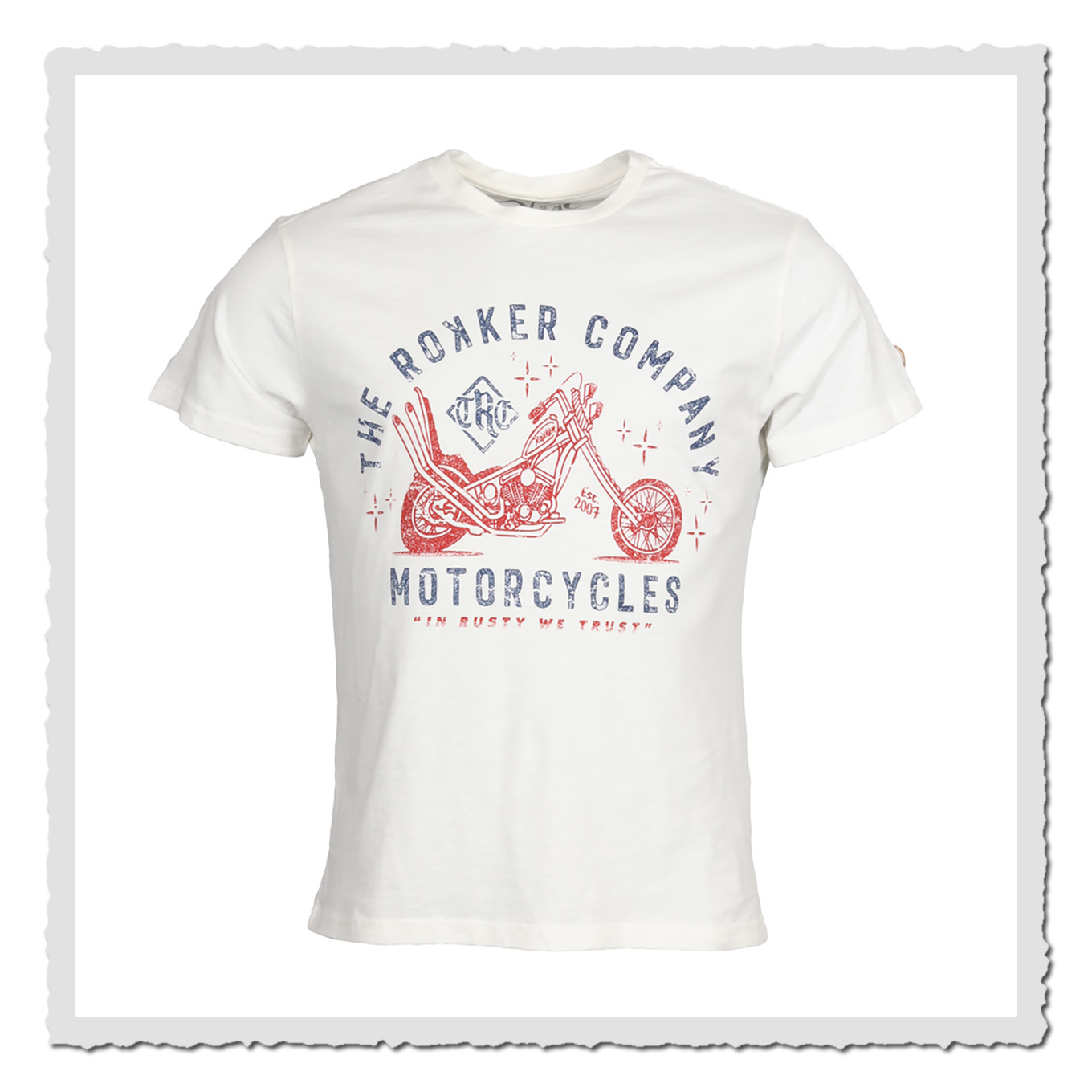 Offwhite T-Shirt mit Frontprint, freigestellt vor weißem Hintergrund, Ansicht von vorn.